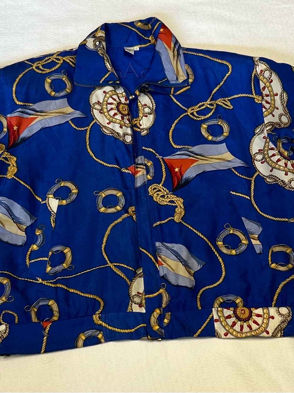 Vintage COACO Medium 100% Silk Blue Nautical Cuban Flag Bomber Jacket